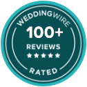 Weddingwire 100 reviews rated badge.