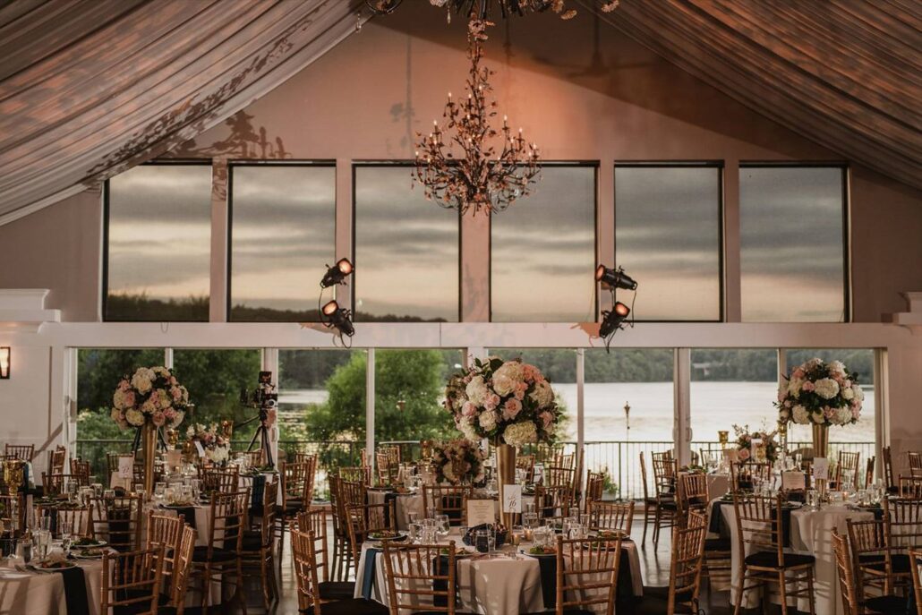 The interior of the light filled Boathouse Ballroom at The Lake House Inn in Bucks County PA.