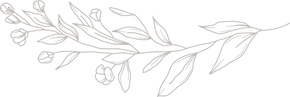 A simple line drawing of a branch with leaves and small flowers on a plain background.