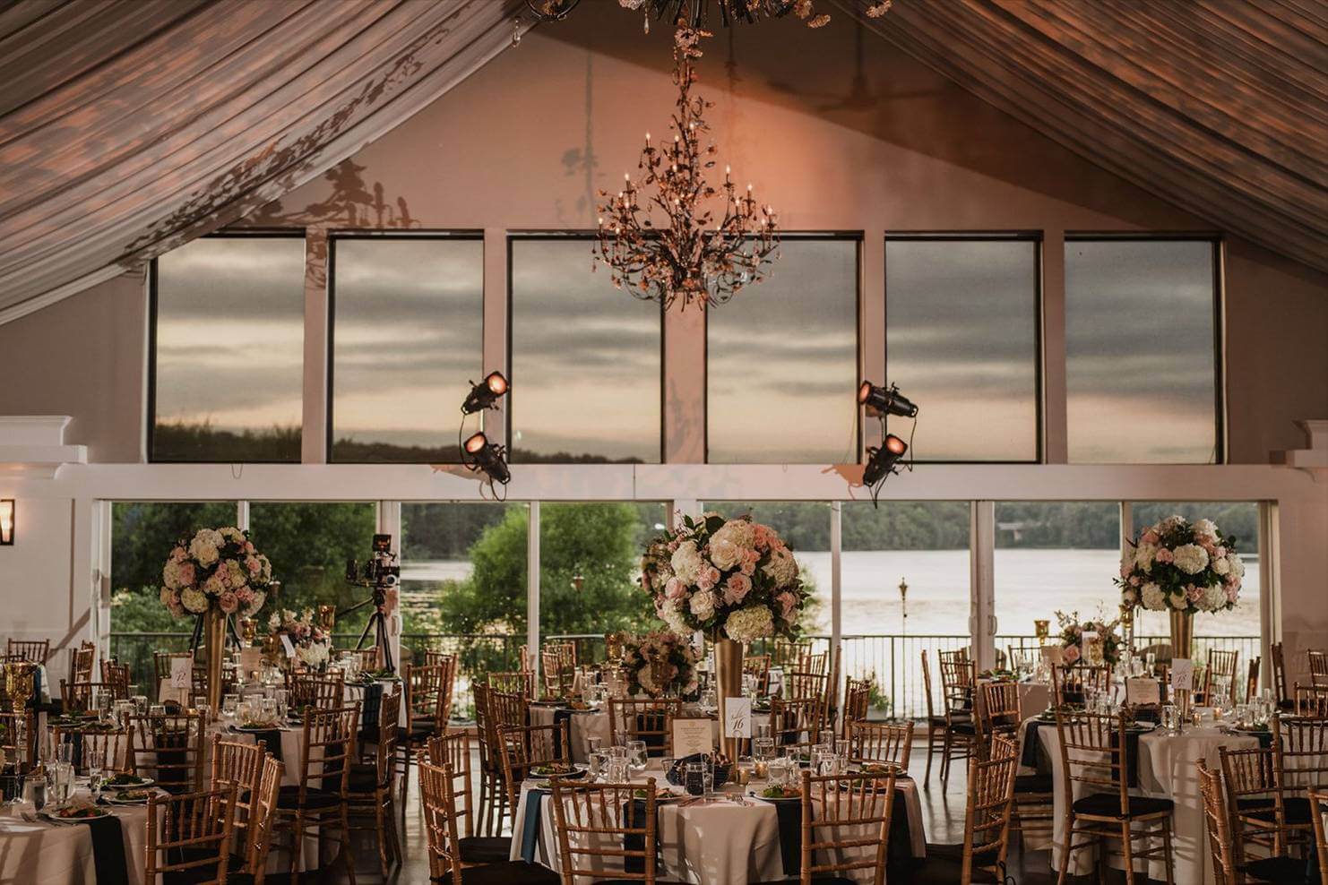The interior of the light filled Boathouse Ballroom at The Lake House Inn in Bucks County PA.