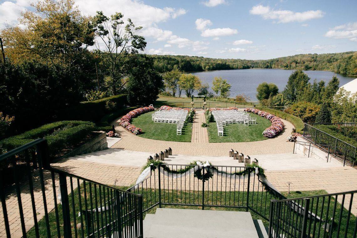 The outdoor ceremony area of waterfront wedding venue The Lake House Inn in Bucks County PA